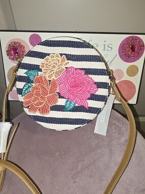 Chico's Navy & White Striped Round Crossbody with Floral Embroidery